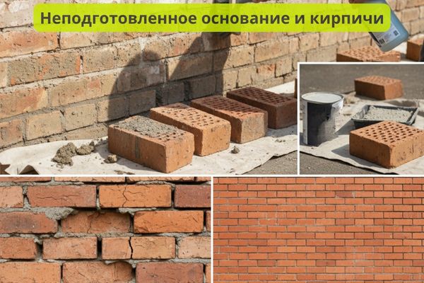 Неподготовленное основание и кирпич фото